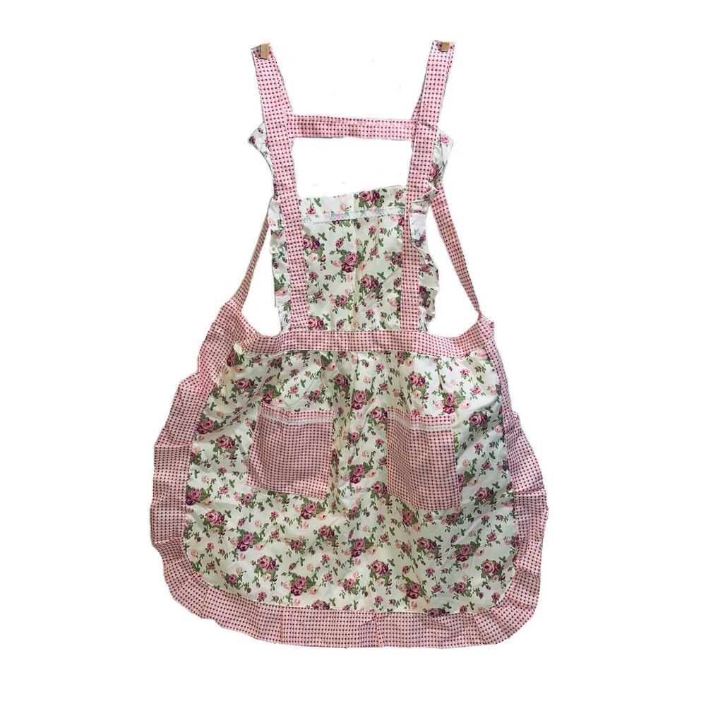 Apron For Teens Raylinedo Junior Pink White Double Pocket Full Floral Gingham